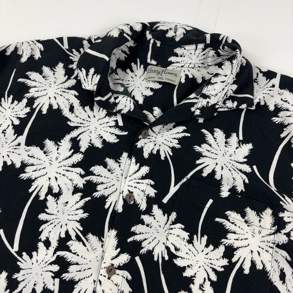 Kenny Flowers Shirt Mens 3XL Black Palm Hawaiian Rayon Short Sleeve Button Up